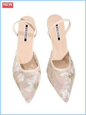 Floral Lace Slingback Kitten Heels Mesh Pointed Toe Wedding Pumps